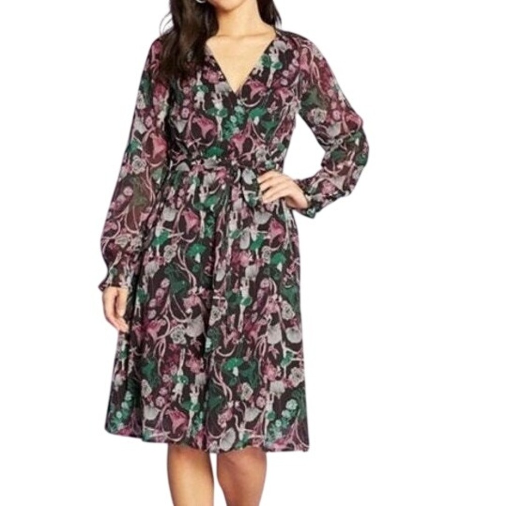 ModCloth Long Sleeve Dress Womens Large Black Floral Ballerina Faux Wrap Midi